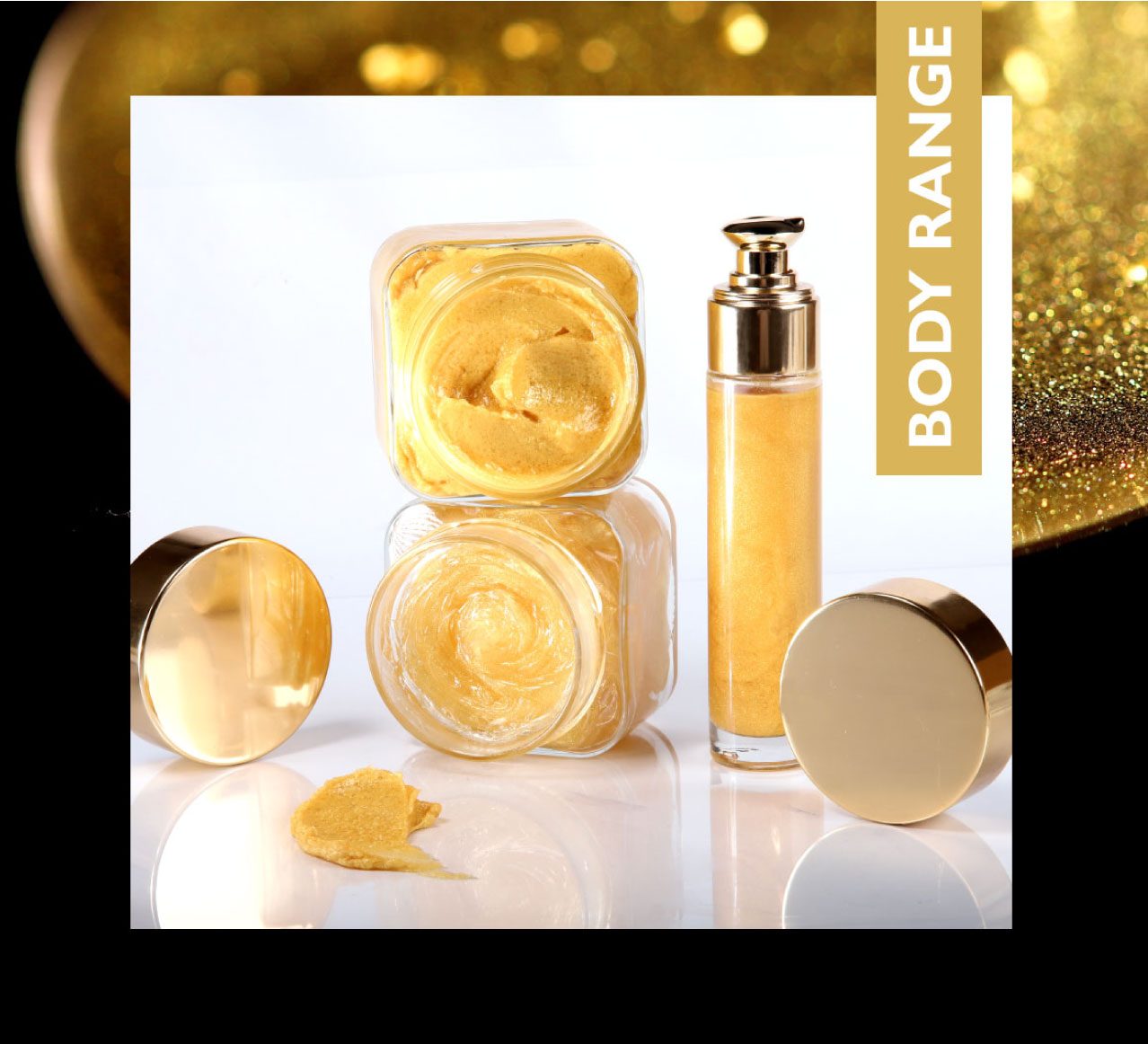 Luxury, golden skincare. Precious skincare products enriched with gold and luxury, anti-aging active ingredients