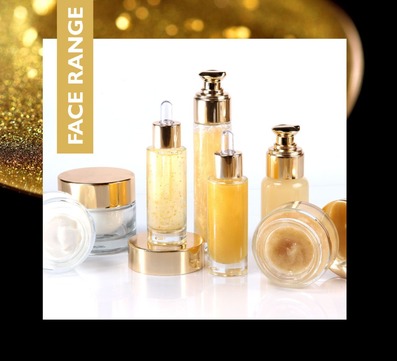 Luxury, golden skincare. Precious skincare products enriched with gold and luxury, anti-aging active ingredients