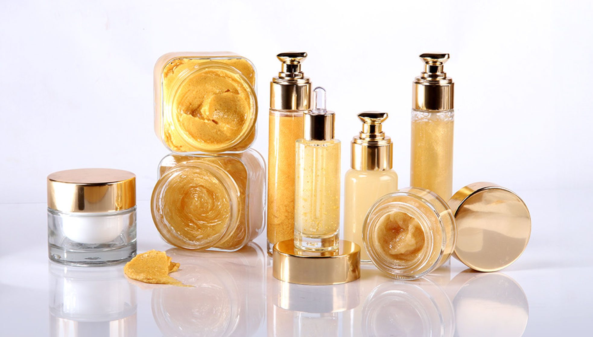 Luxury, golden skincare. Precious skincare products enriched with gold and luxury, anti-aging active ingredients